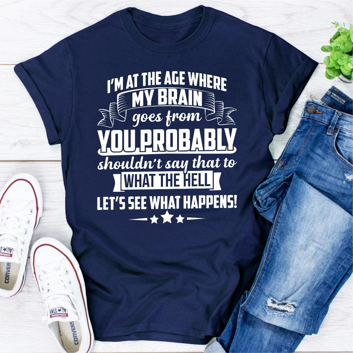 A comfortable and stylish t-shirt featuring the phrase 'I'm At The Age Where My Brain Goes', made from soft ring-spun cotton with double stitching.