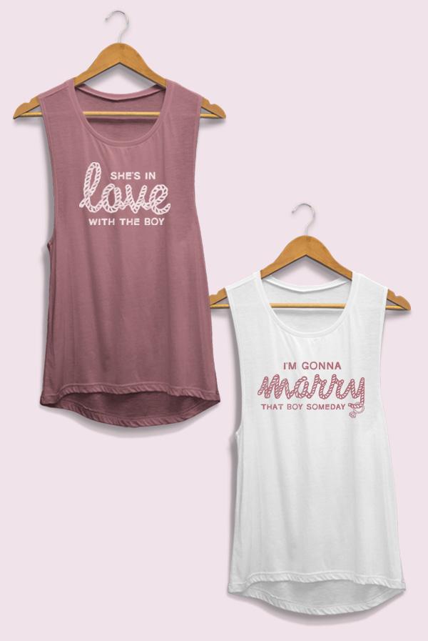 Two stylish muscle tank tops featuring romantic phrases, perfect for bachelorette parties and summer events.