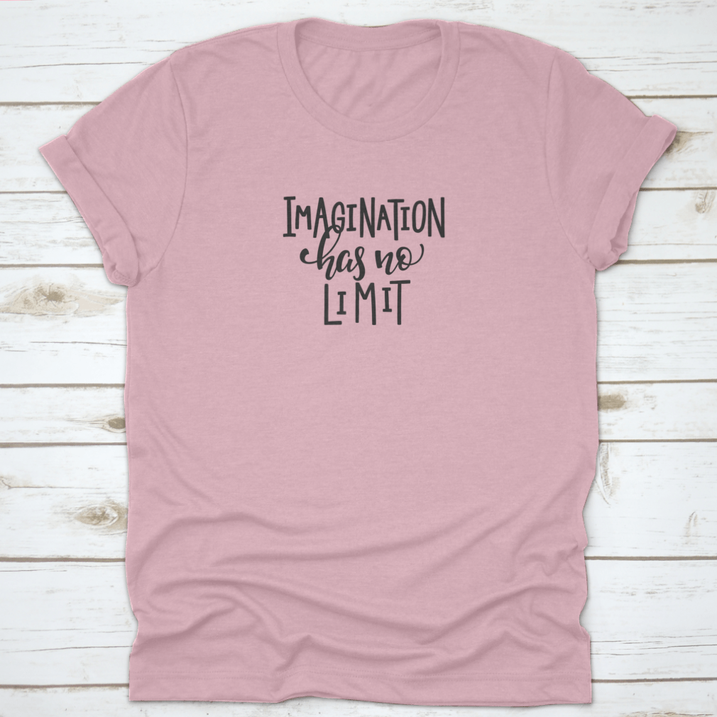 A stylish cotton t-shirt featuring the quote 'Imagination Has No Limit' in elegant calligraphy, perfect for creative individuals.