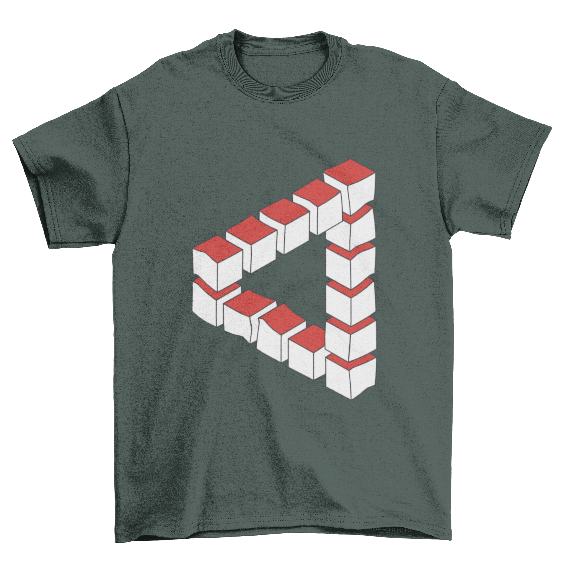 Impossible Triangle Abstract T-shirt featuring a geometric design of red and white squares creating an optical illusion.