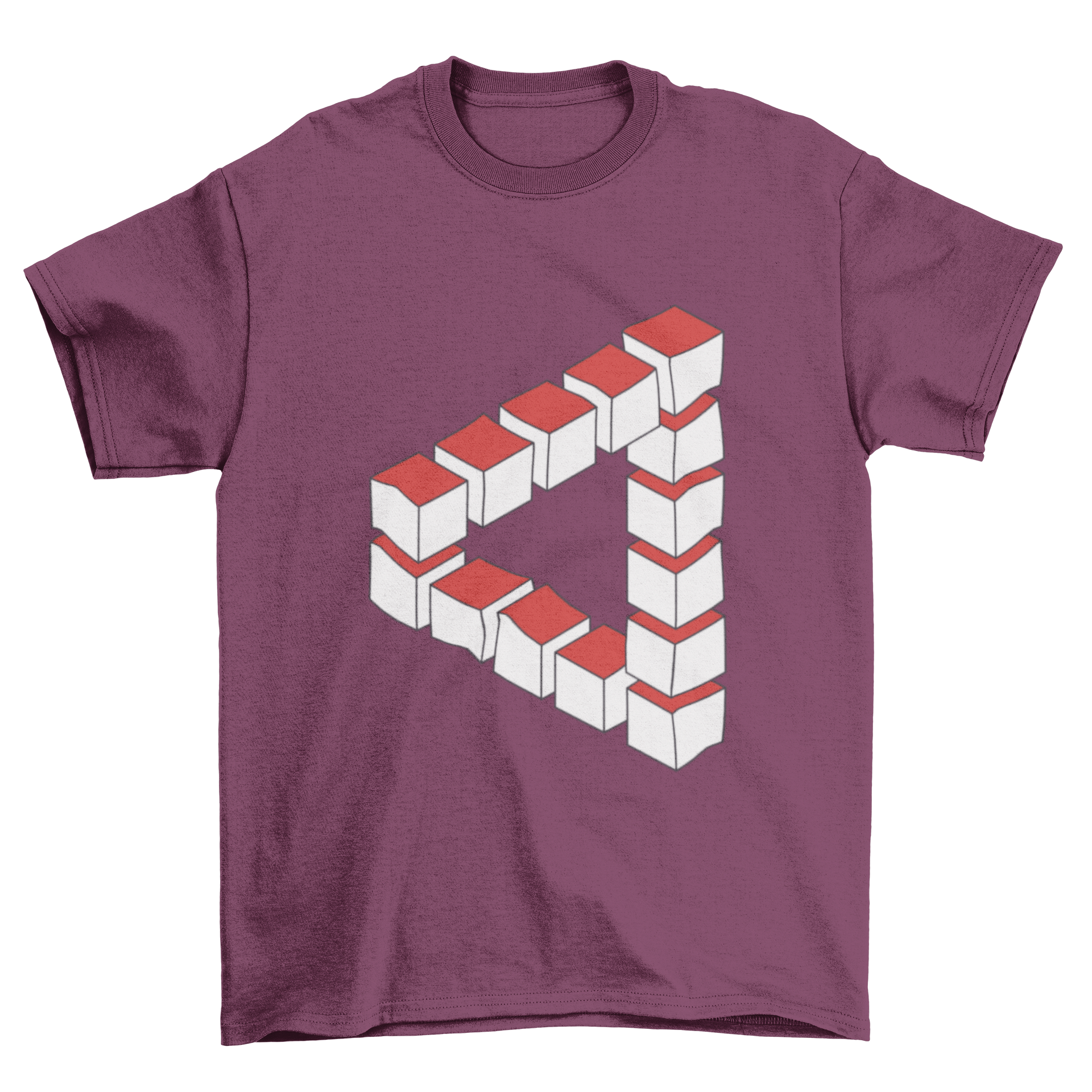 Impossible Triangle Abstract T-shirt featuring a geometric design of red and white squares creating an optical illusion.
