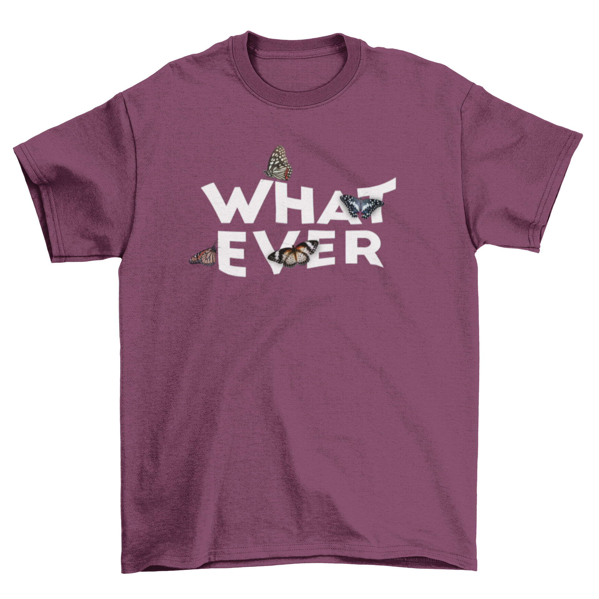 Incredible Cool Sassy Insect Bug Quote t-shirt featuring butterflies and the word 'Whatever' in a vibrant photographic style.