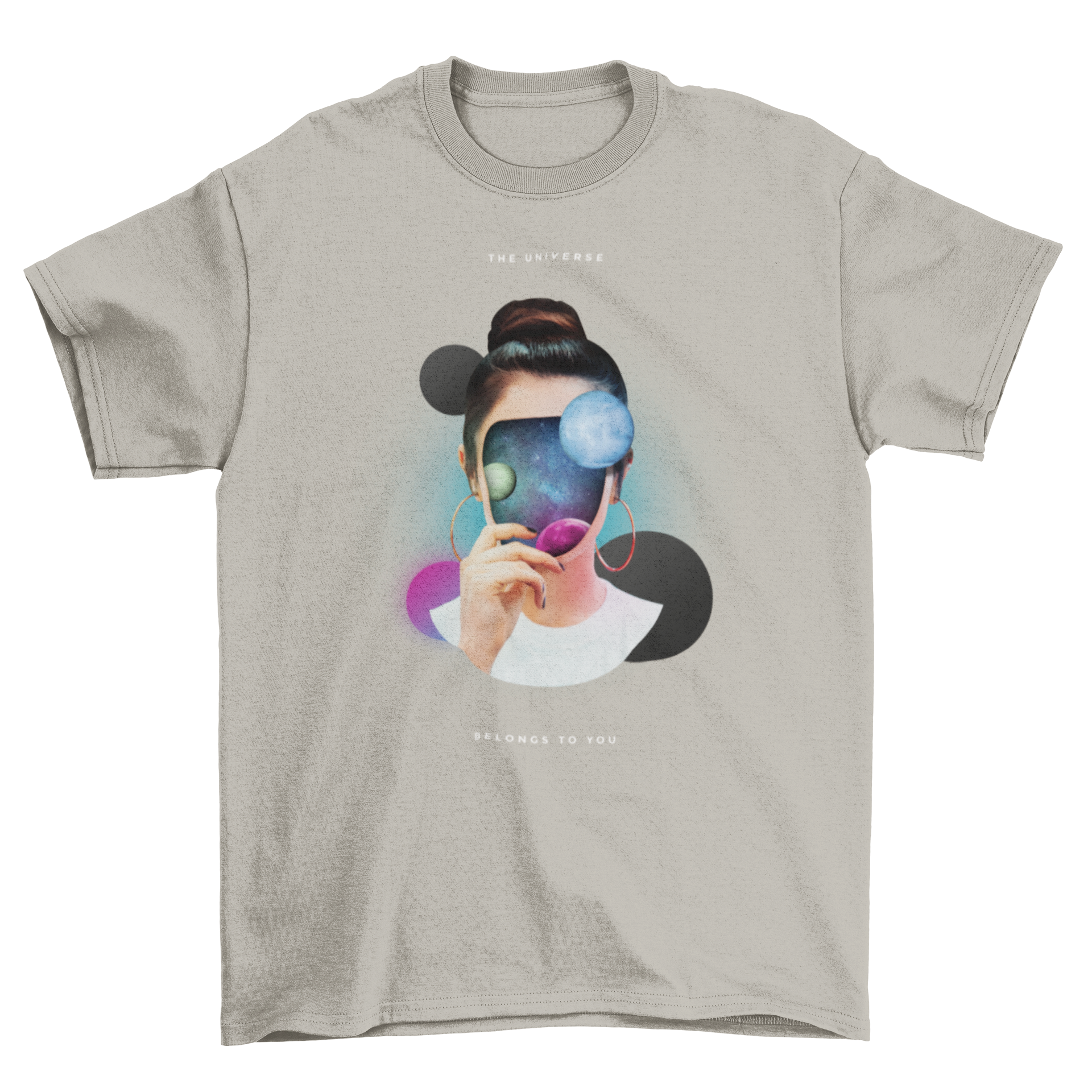 A colorful t-shirt design featuring a girl with a universe and planets as her face, showcasing vibrant colors and intricate details.