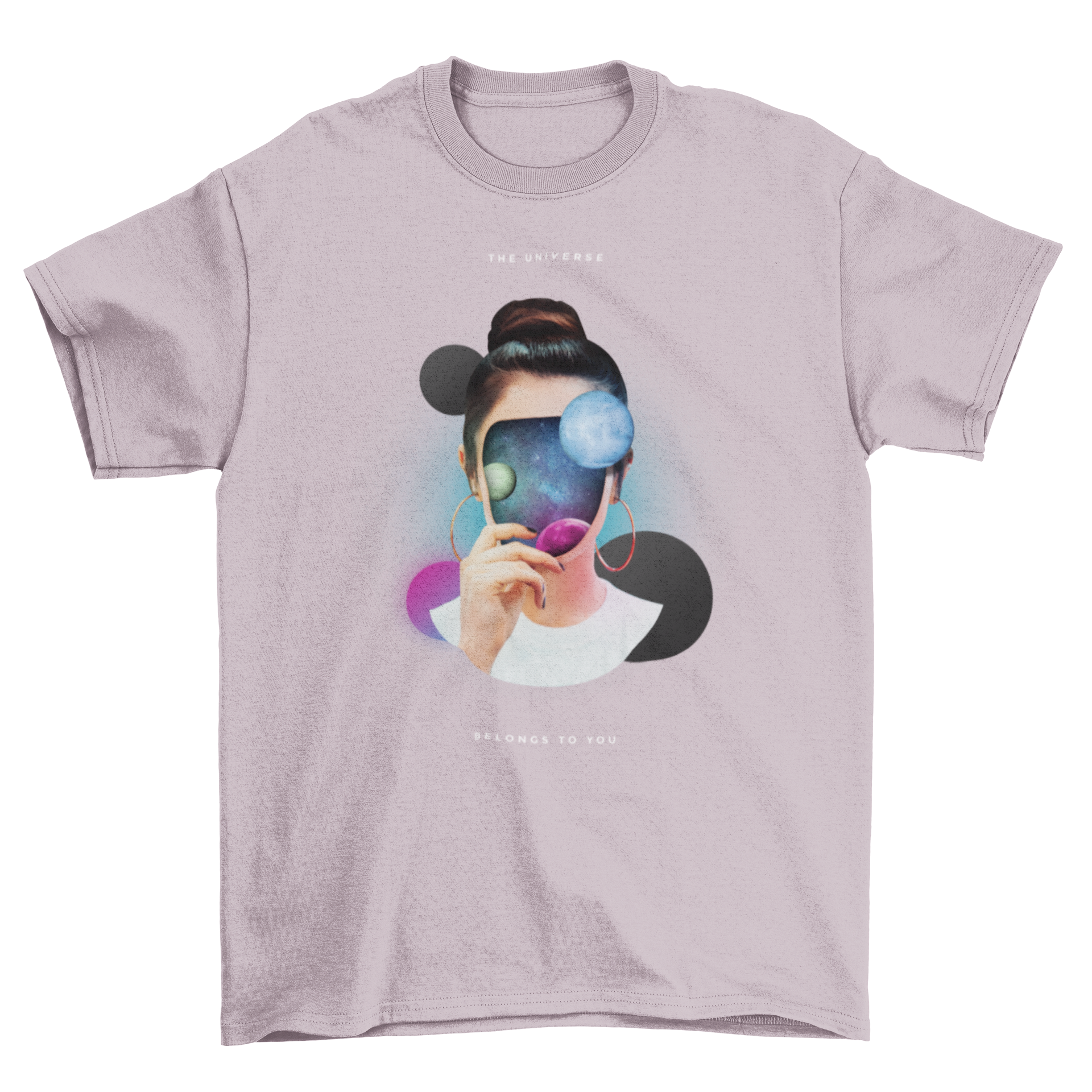 A colorful t-shirt design featuring a girl with a universe and planets as her face, showcasing vibrant colors and intricate details.