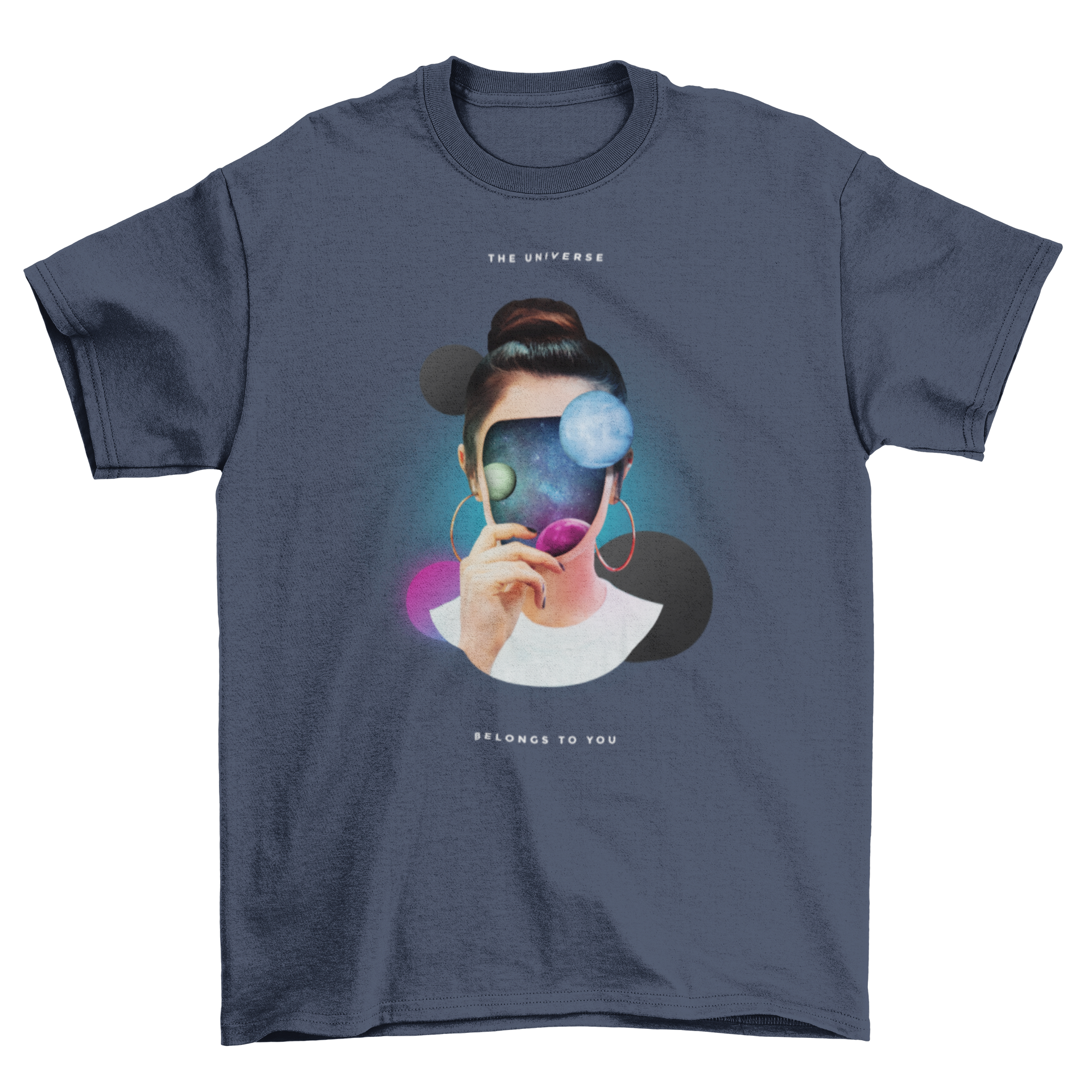 A colorful t-shirt design featuring a girl with a universe and planets as her face, showcasing vibrant colors and intricate details.