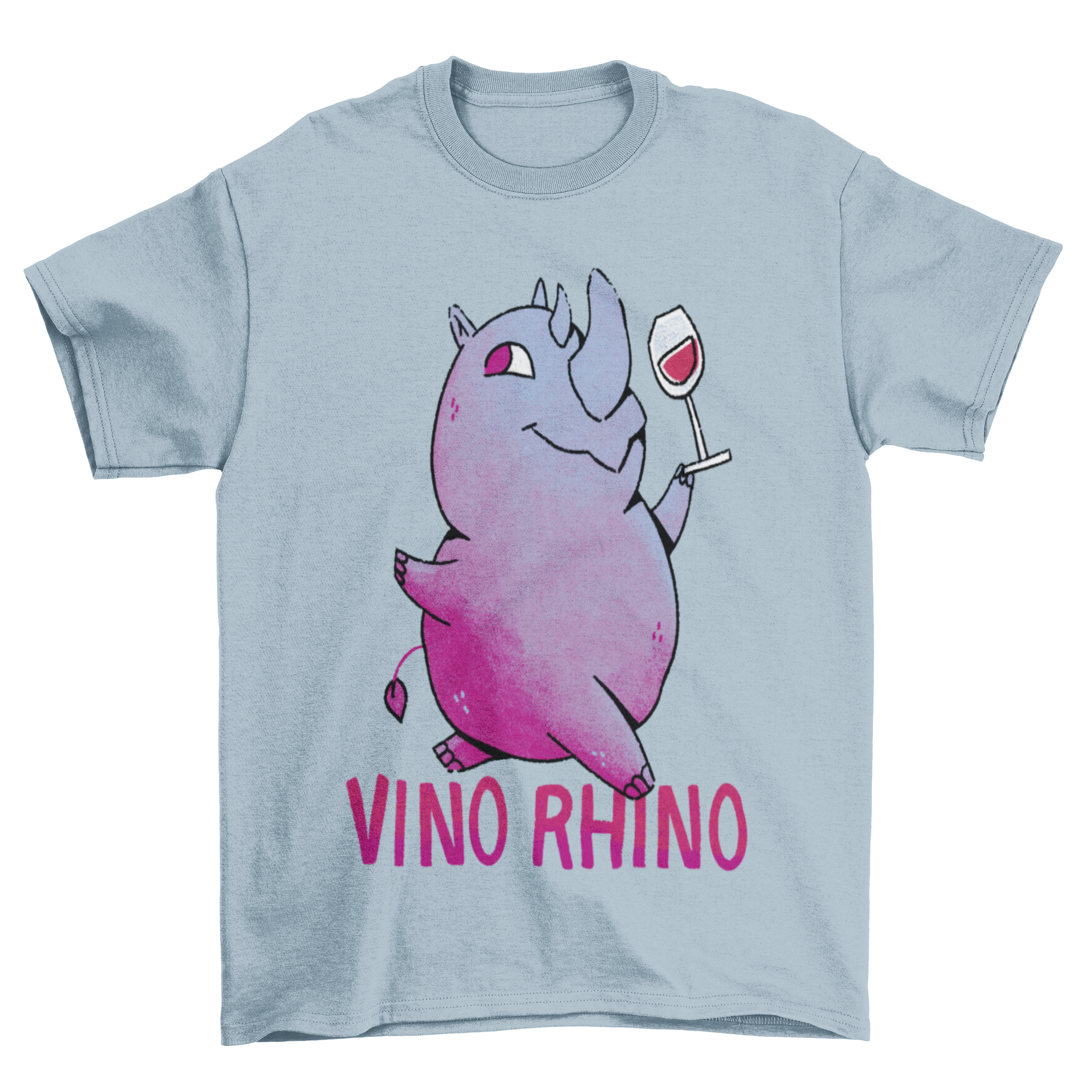 Colorful wine cup featuring a cartoon rhino holding a wine glass with the quote 'Vino Rhino'.