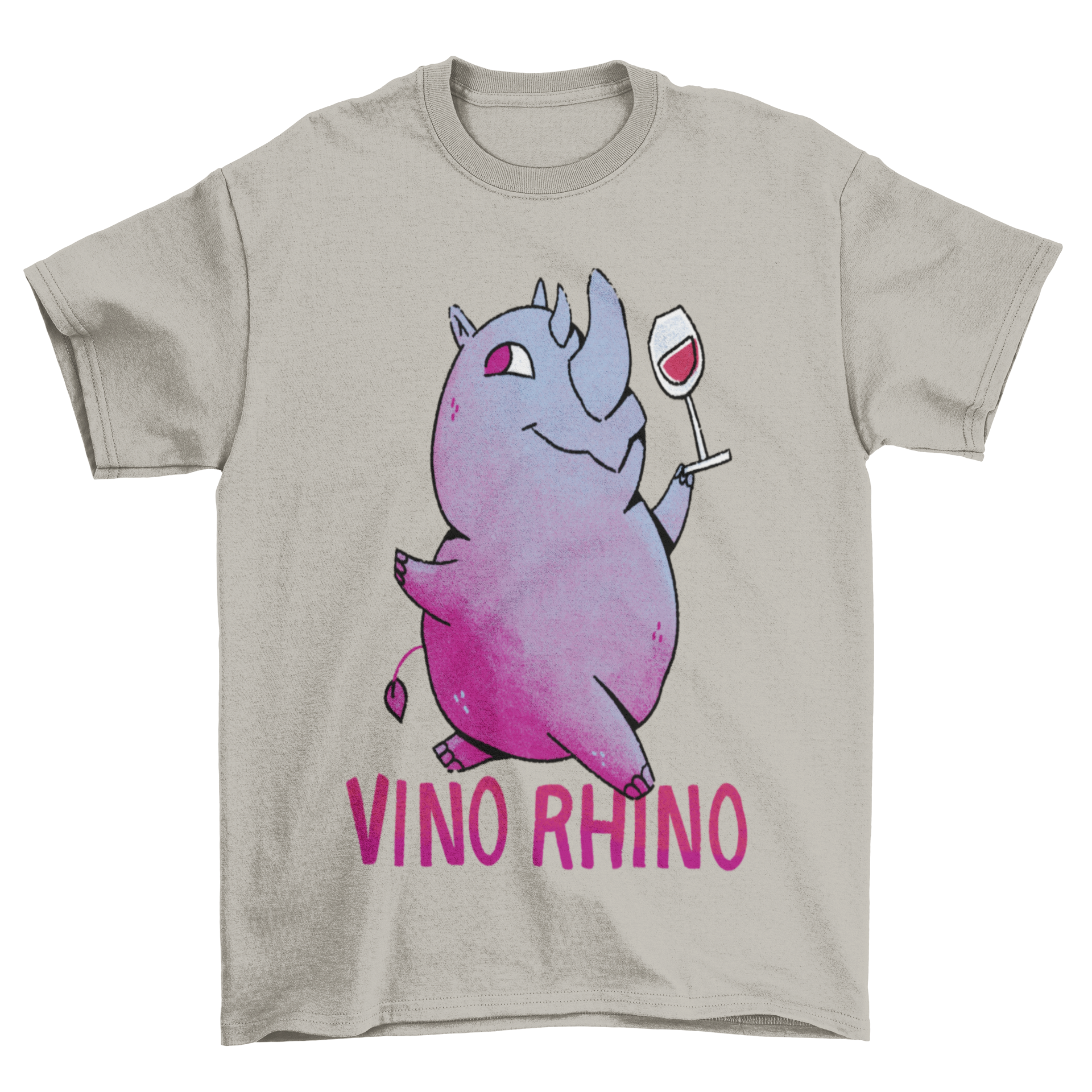 Colorful wine cup featuring a cartoon rhino holding a wine glass with the quote 'Vino Rhino'.