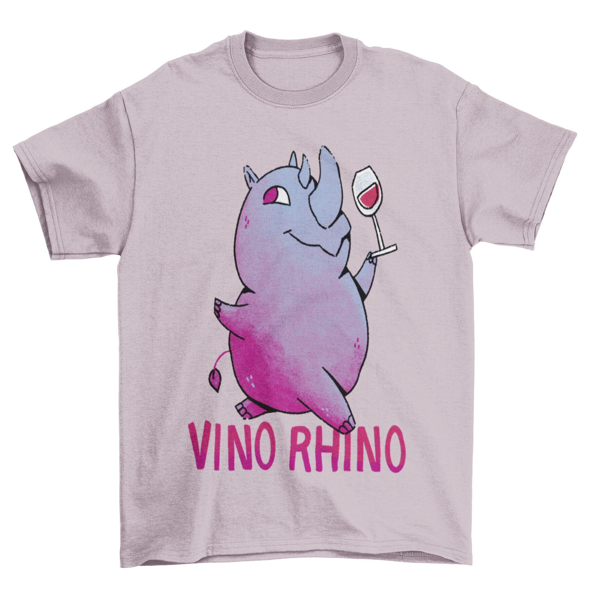 Colorful wine cup featuring a cartoon rhino holding a wine glass with the quote 'Vino Rhino'.