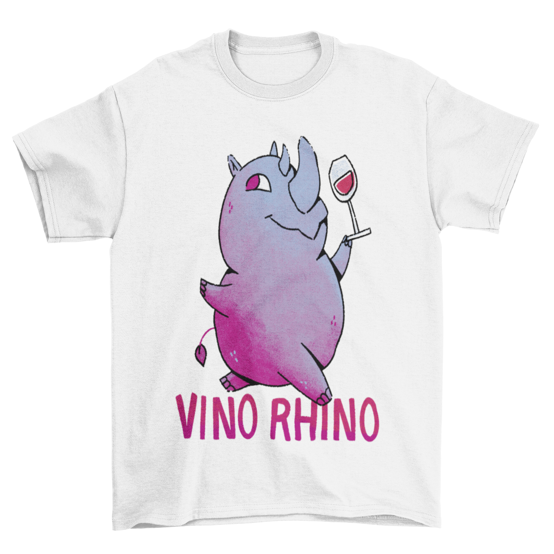 Colorful wine cup featuring a cartoon rhino holding a wine glass with the quote 'Vino Rhino'.