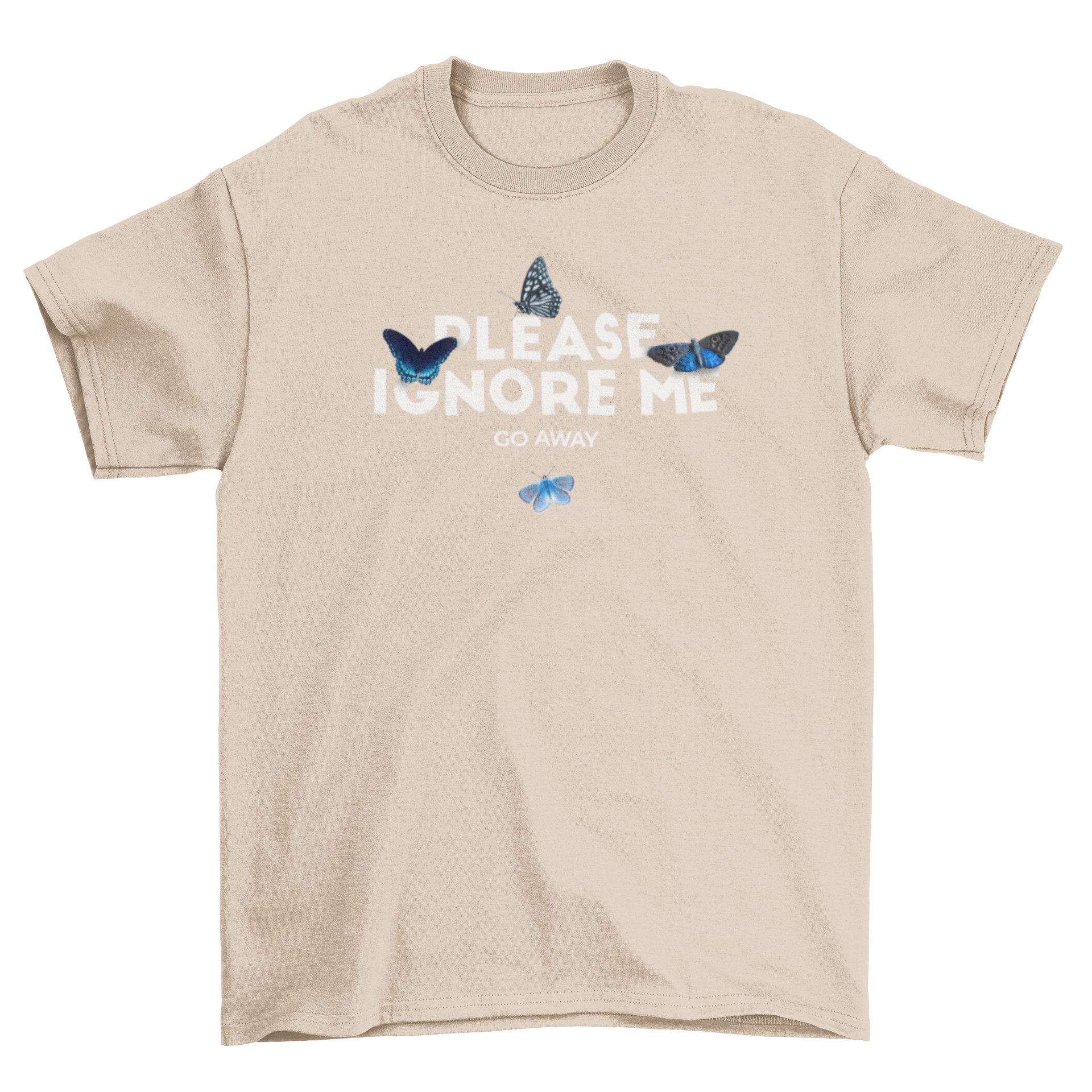 Incredible Fashion Bug t-shirt featuring the quote 'Please ignore me' surrounded by colorful butterfly graphics.