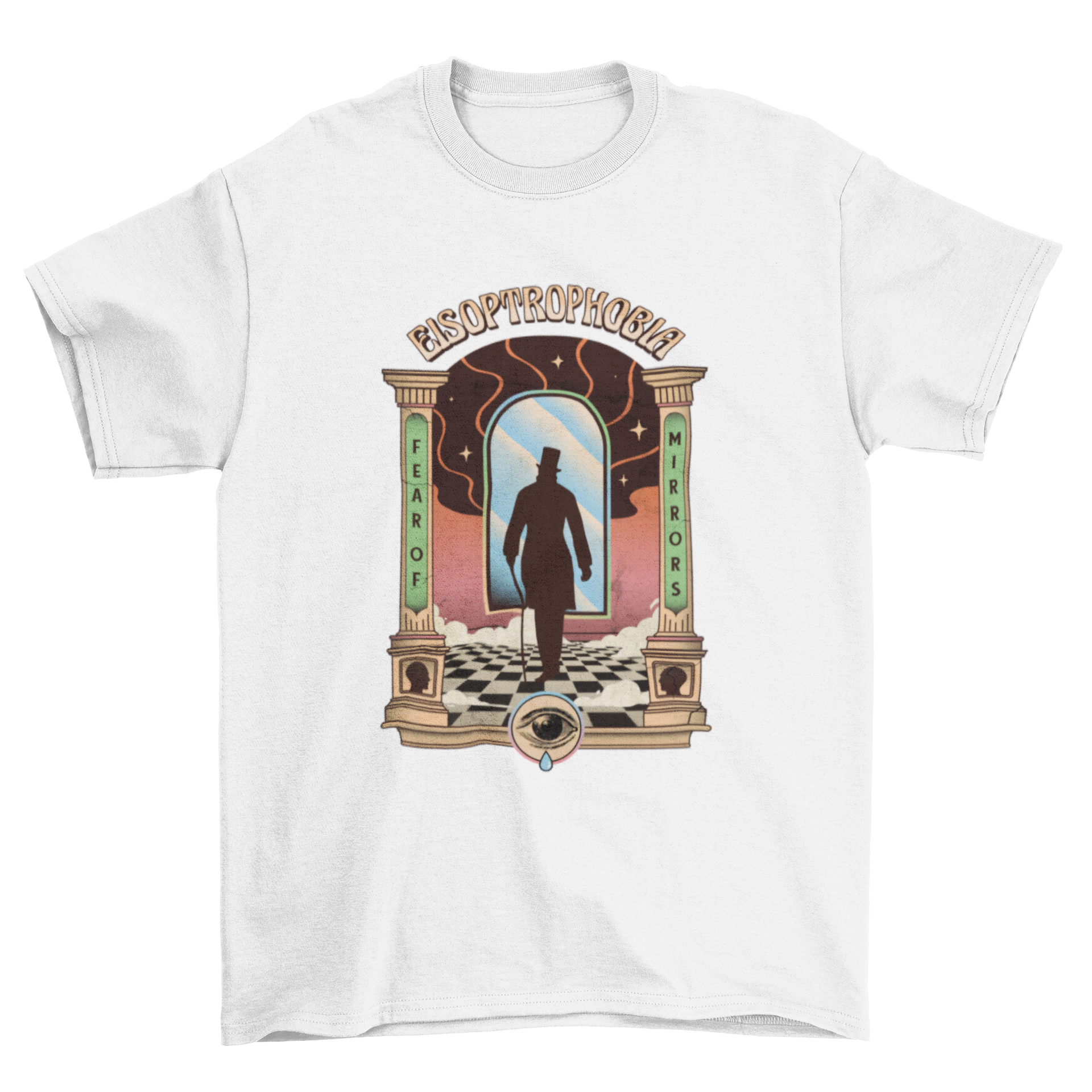 Incredible Fear Phobia t-shirt featuring a surrealistic illustration of a mirror, symbolizing the phobia of mirrors.