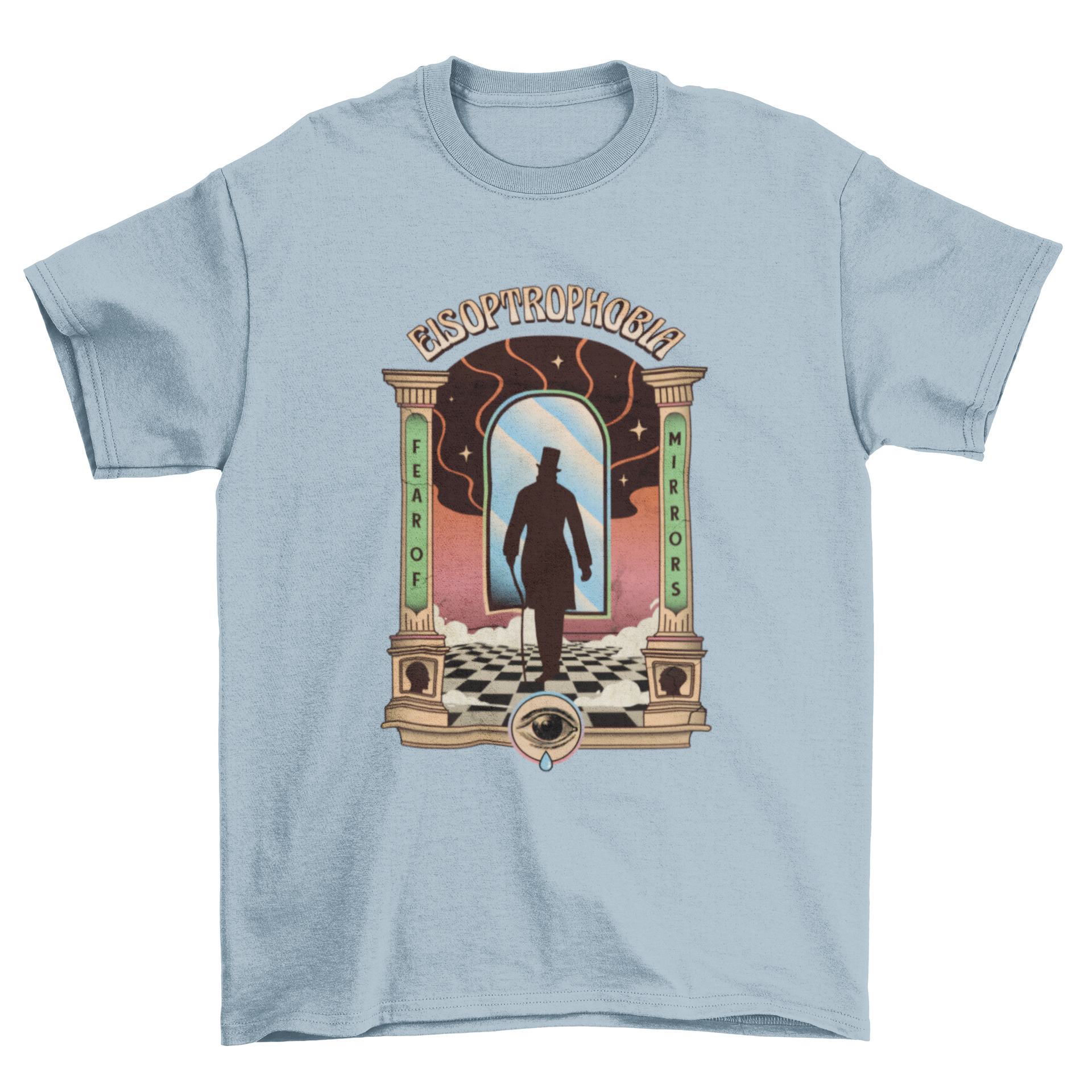 Incredible Fear Phobia t-shirt featuring a surrealistic illustration of a mirror, symbolizing the phobia of mirrors.