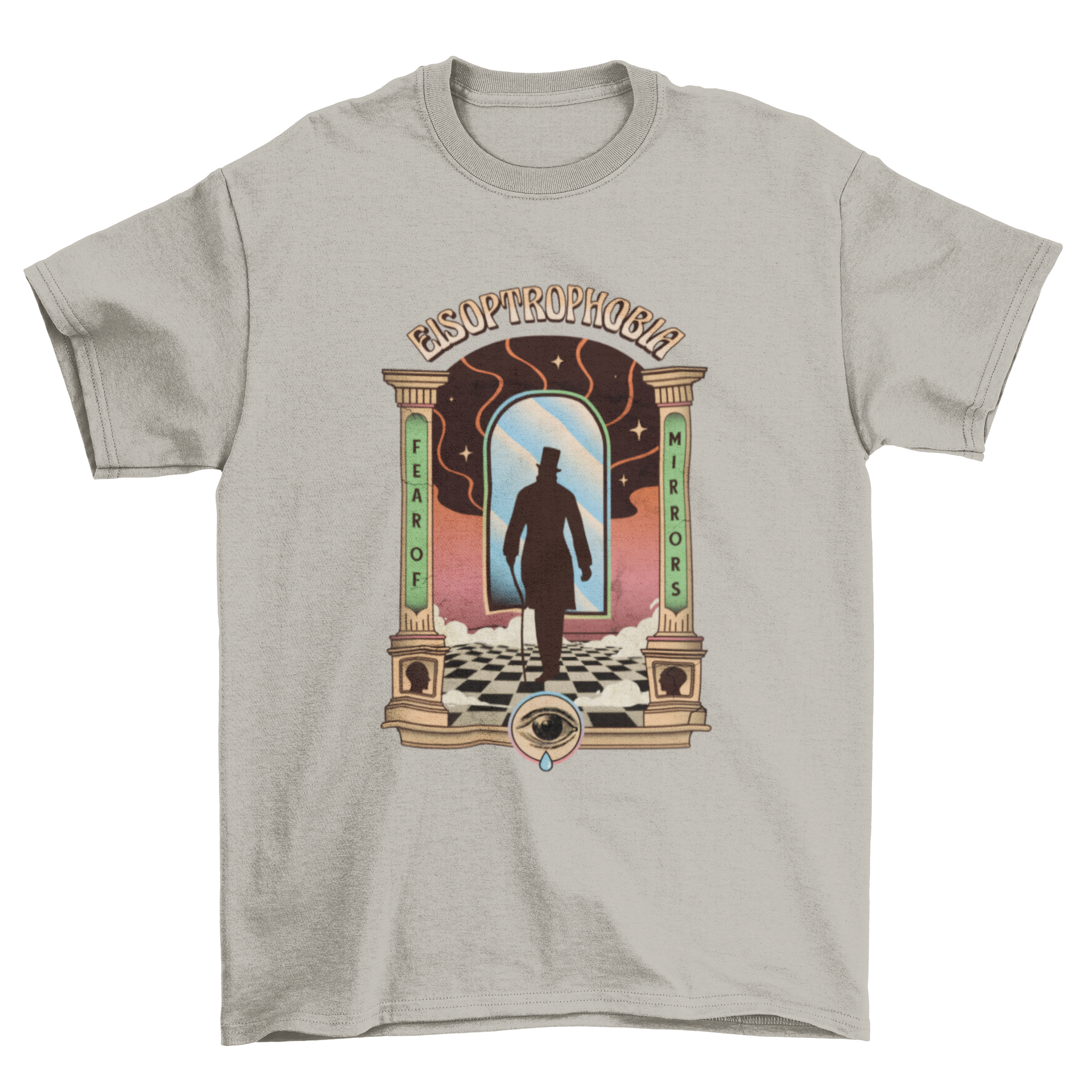 Incredible Fear Phobia t-shirt featuring a surrealistic illustration of a mirror, symbolizing the phobia of mirrors.