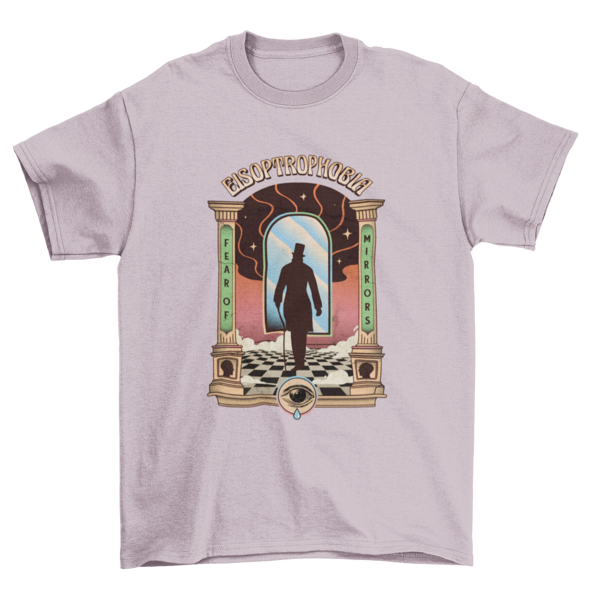 Incredible Fear Phobia t-shirt featuring a surrealistic illustration of a mirror, symbolizing the phobia of mirrors.