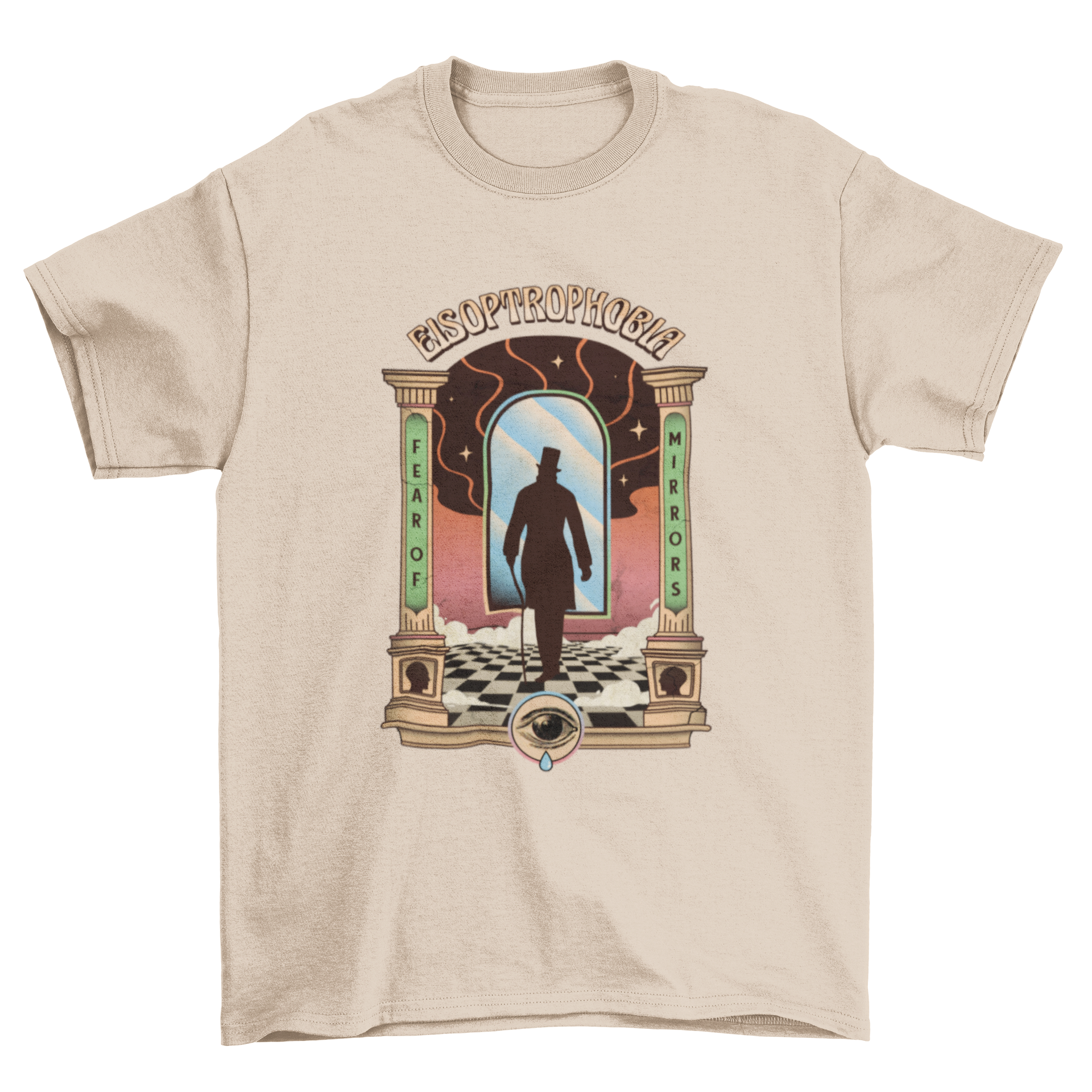 Incredible Fear Phobia t-shirt featuring a surrealistic illustration of a mirror, symbolizing the phobia of mirrors.