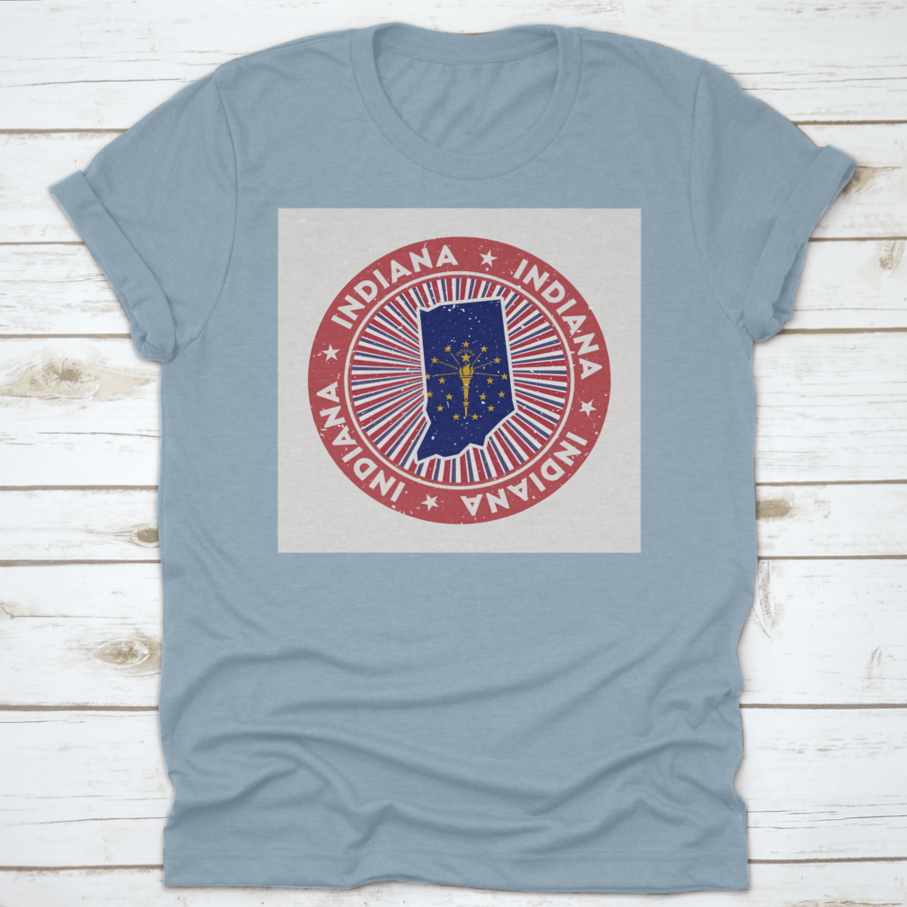 Indiana Round Map State Flag Stamp on a cotton fabric, showcasing the state flag and map design.