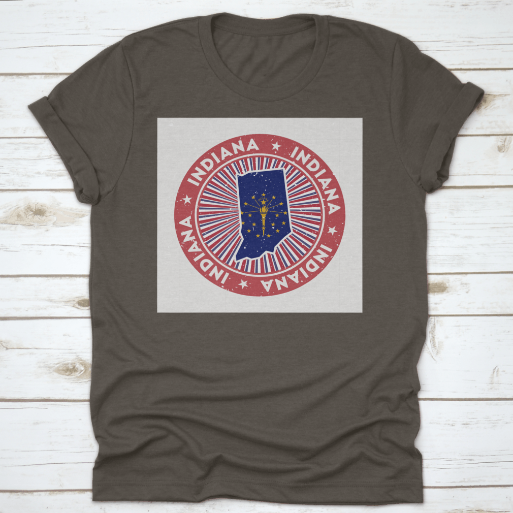 Indiana Round Map State Flag Stamp on a cotton fabric, showcasing the state flag and map design.