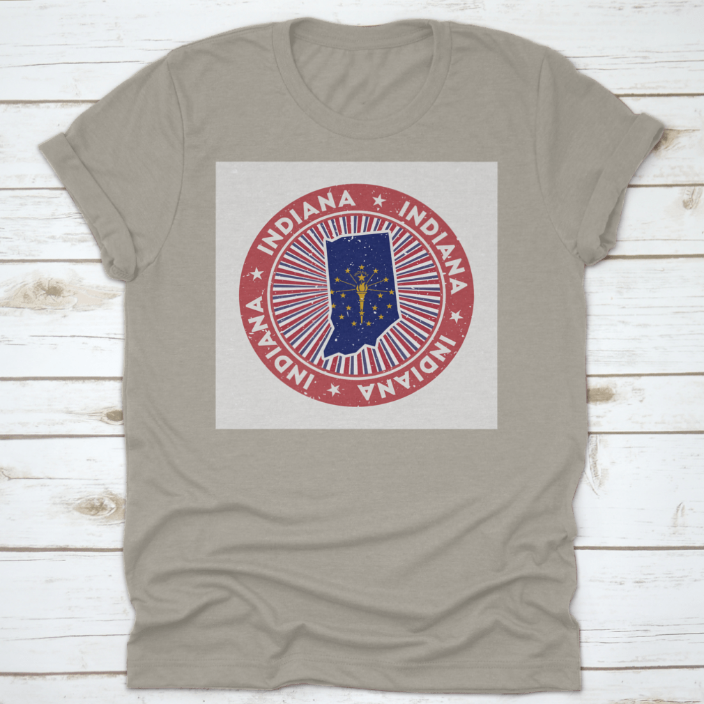 Indiana Round Map State Flag Stamp on a cotton fabric, showcasing the state flag and map design.