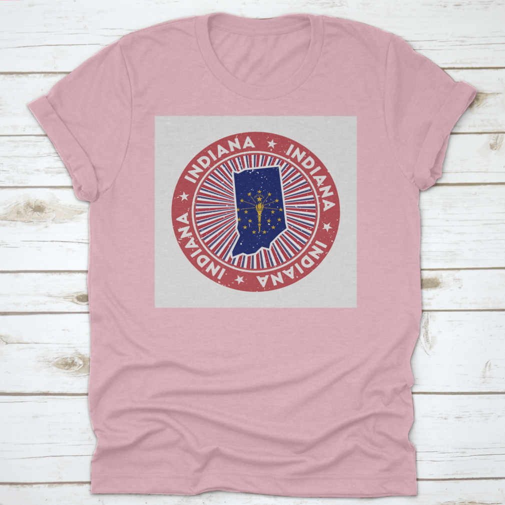 Indiana Round Map State Flag Stamp on a cotton fabric, showcasing the state flag and map design.