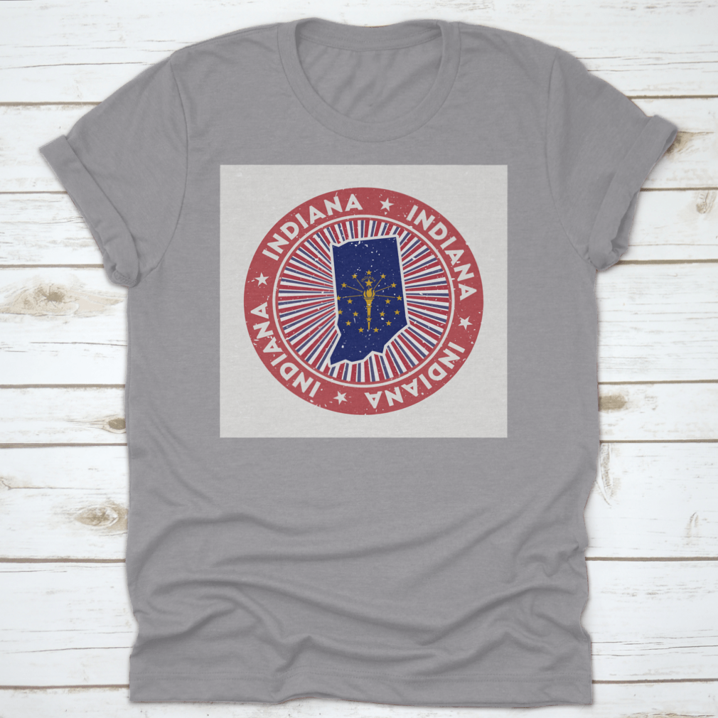 Indiana Round Map State Flag Stamp on a cotton fabric, showcasing the state flag and map design.