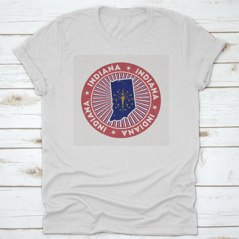 Indiana Round Map State Flag Stamp on a cotton fabric, showcasing the state flag and map design.