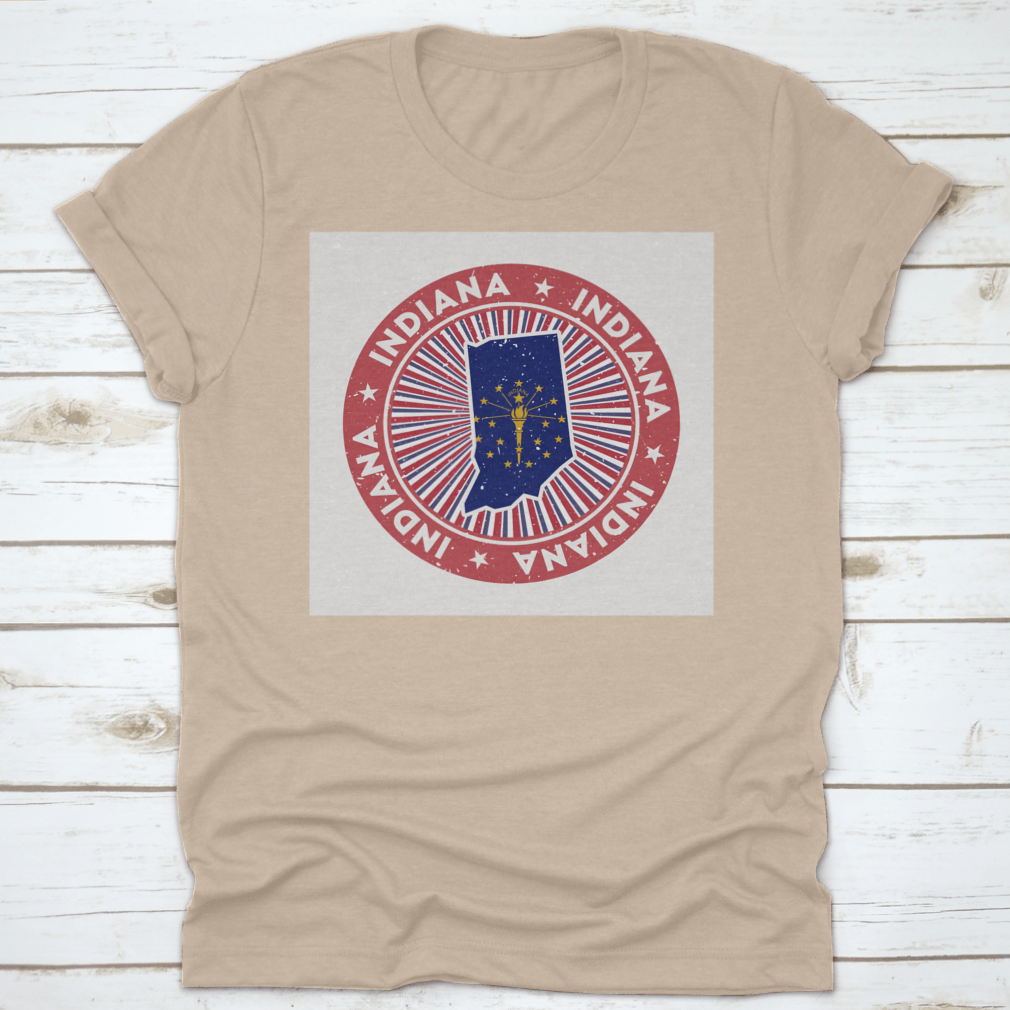 Indiana Round Map State Flag Stamp on a cotton fabric, showcasing the state flag and map design.