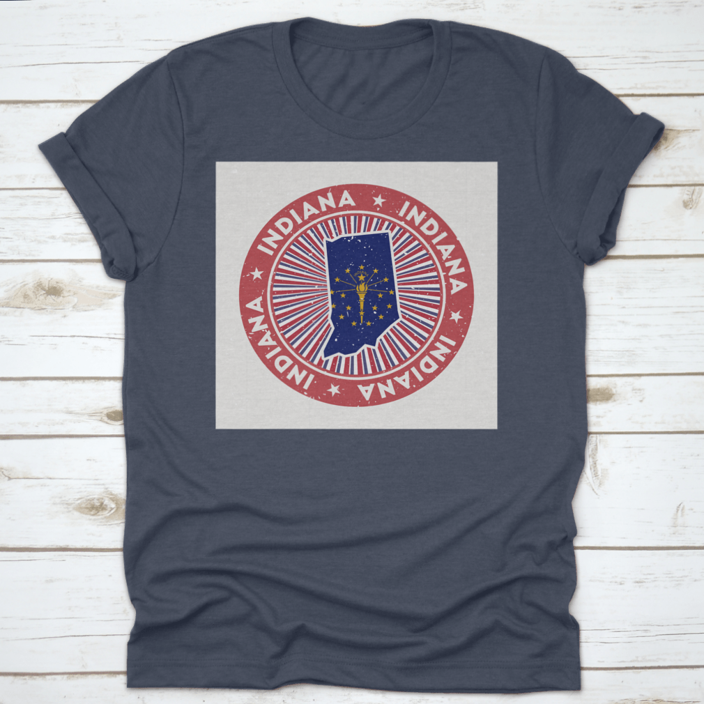 Indiana Round Map State Flag Stamp on a cotton fabric, showcasing the state flag and map design.