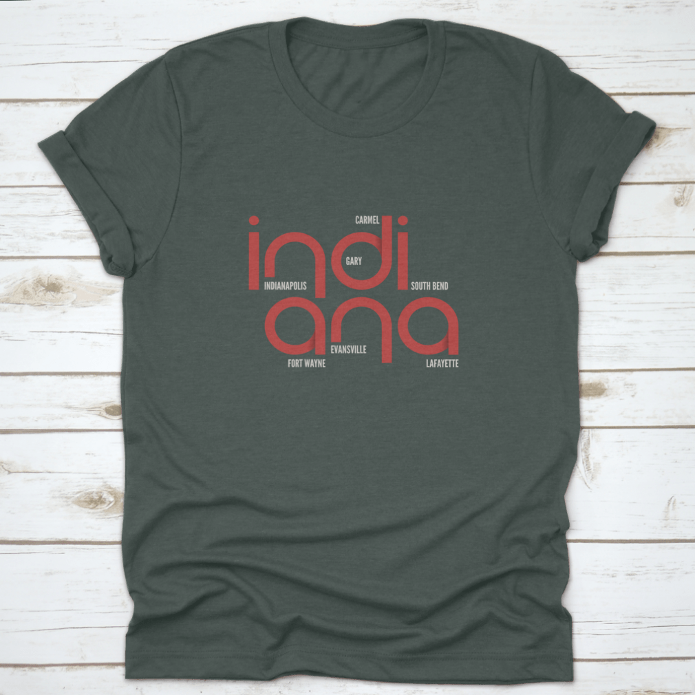 A trendy Indiana State Typography shirt featuring a fascinating illustration art design, made from 100% cotton for comfort.