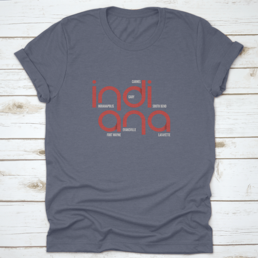 A trendy Indiana State Typography shirt featuring a fascinating illustration art design, made from 100% cotton for comfort.