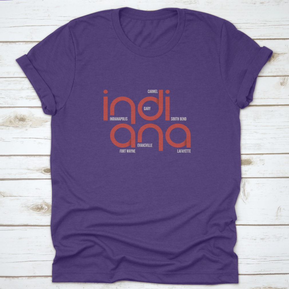 A trendy Indiana State Typography shirt featuring a fascinating illustration art design, made from 100% cotton for comfort.
