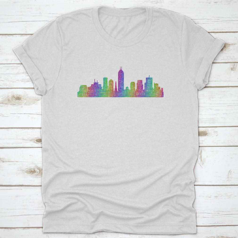 Multicolor line art silhouette of the Indianapolis city skyline, showcasing iconic buildings and structures in a vibrant design.