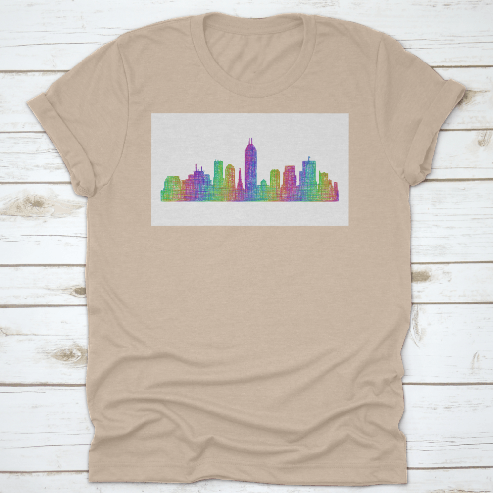 Multicolor line art silhouette of the Indianapolis city skyline, showcasing iconic buildings and structures in a vibrant design.