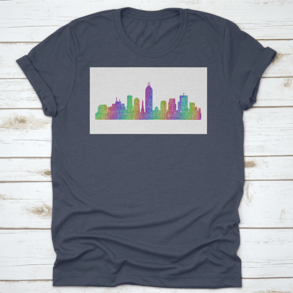 Multicolor line art silhouette of the Indianapolis city skyline, showcasing iconic buildings and structures in a vibrant design.