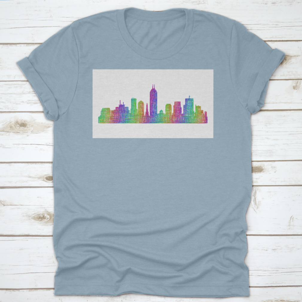 Multicolor line art silhouette of the Indianapolis city skyline, showcasing iconic buildings and structures in a vibrant design.