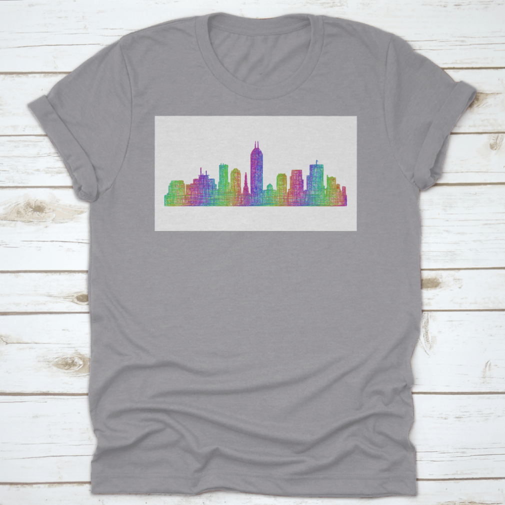 Multicolor line art silhouette of the Indianapolis city skyline, showcasing iconic buildings and structures in a vibrant design.
