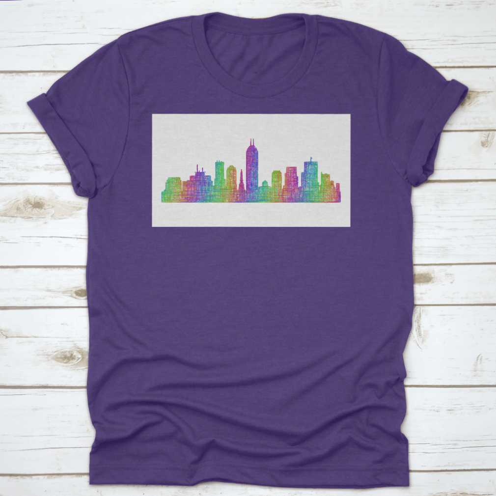 Multicolor line art silhouette of the Indianapolis city skyline, showcasing iconic buildings and structures in a vibrant design.