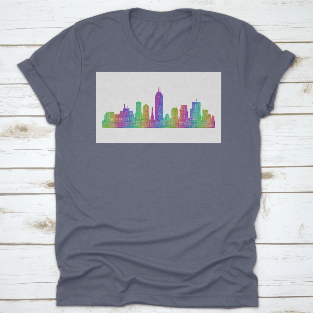Multicolor line art silhouette of the Indianapolis city skyline, showcasing iconic buildings and structures in a vibrant design.