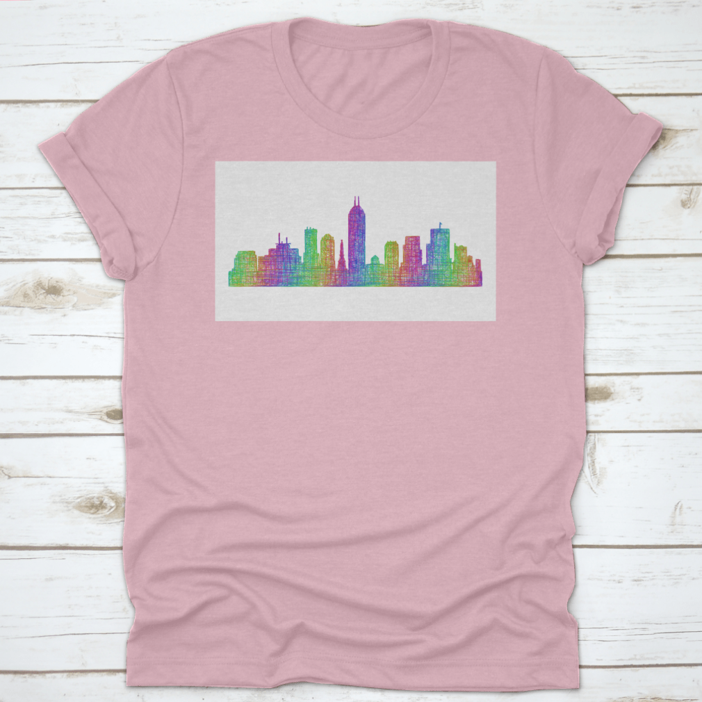 Multicolor line art silhouette of the Indianapolis city skyline, showcasing iconic buildings and structures in a vibrant design.
