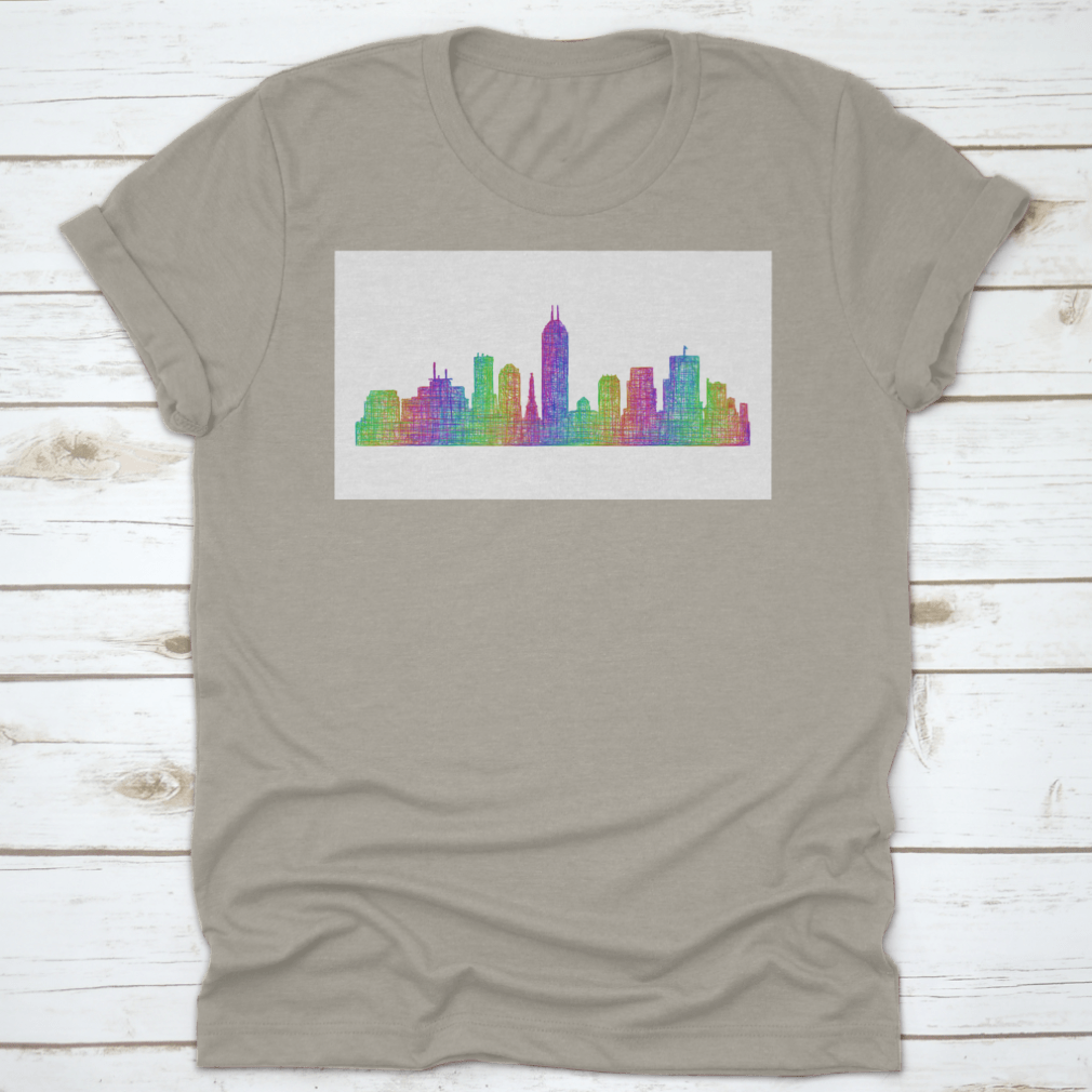 Multicolor line art silhouette of the Indianapolis city skyline, showcasing iconic buildings and structures in a vibrant design.