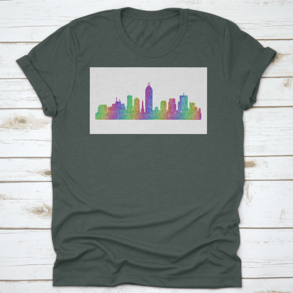 Multicolor line art silhouette of the Indianapolis city skyline, showcasing iconic buildings and structures in a vibrant design.