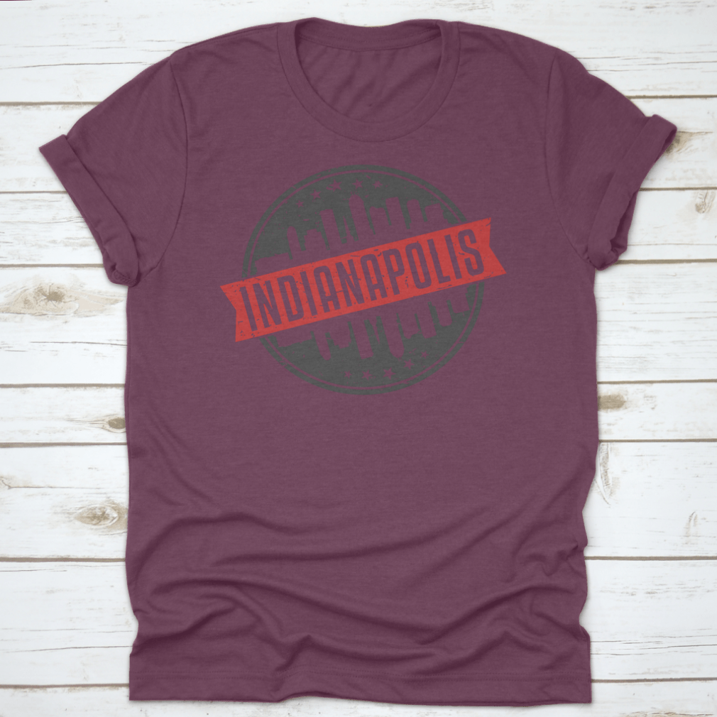 Indianapolis Indiana Round Travel Stamp shirt featuring an iconic skyline design, made from 100% cotton for comfort.