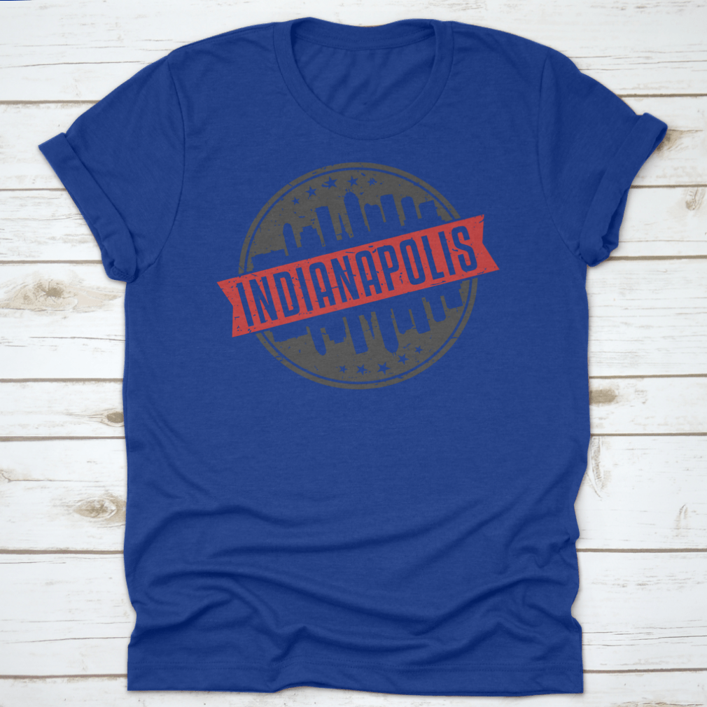 Indianapolis Indiana Round Travel Stamp shirt featuring an iconic skyline design, made from 100% cotton for comfort.