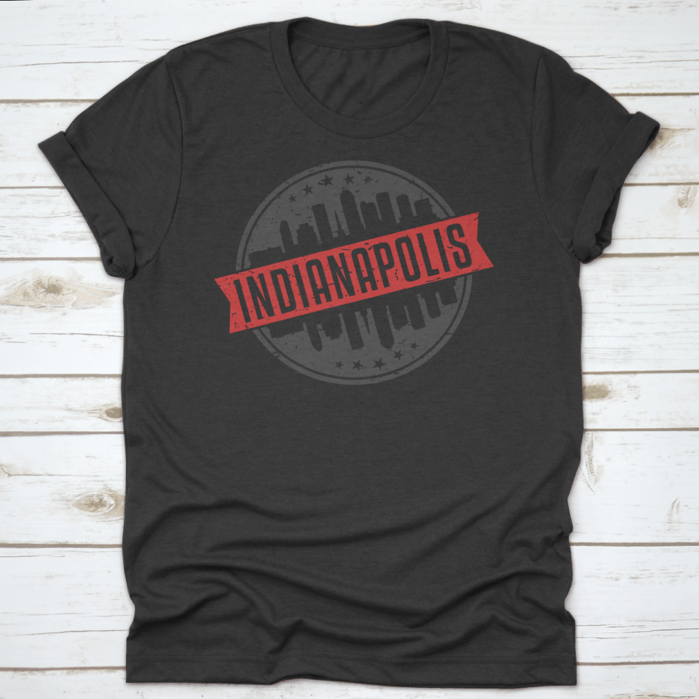 Indianapolis Indiana Round Travel Stamp shirt featuring an iconic skyline design, made from 100% cotton for comfort.