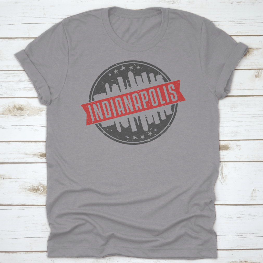 Indianapolis Indiana Round Travel Stamp shirt featuring an iconic skyline design, made from 100% cotton for comfort.