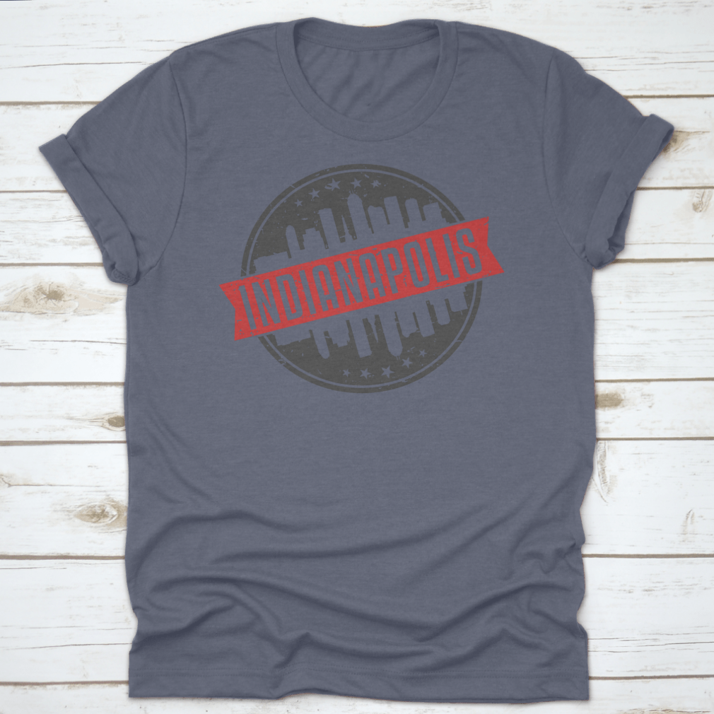 Indianapolis Indiana Round Travel Stamp shirt featuring an iconic skyline design, made from 100% cotton for comfort.