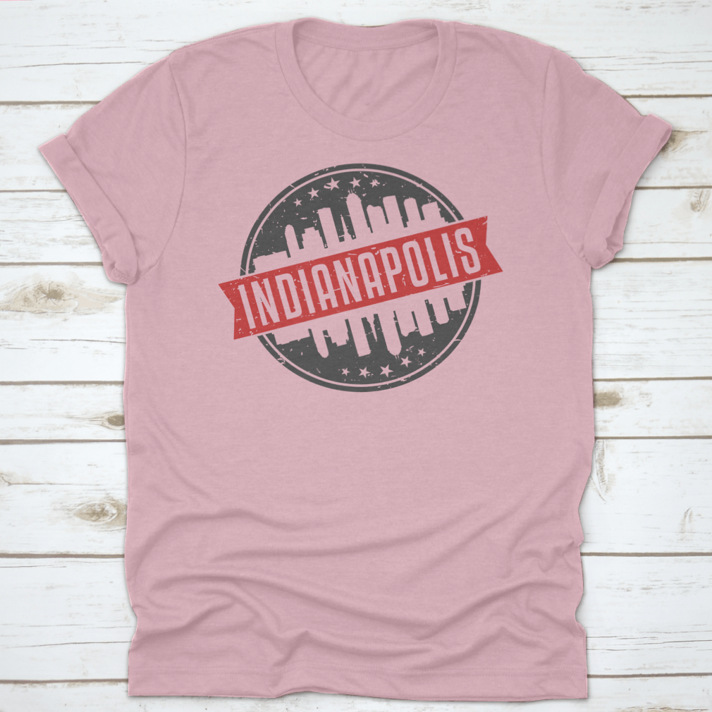 Indianapolis Indiana Round Travel Stamp shirt featuring an iconic skyline design, made from 100% cotton for comfort.