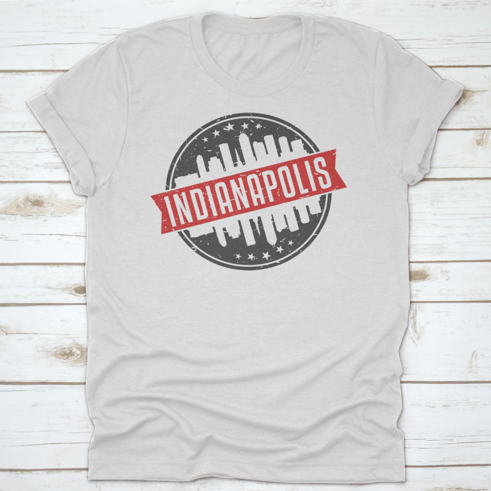 Indianapolis Indiana Round Travel Stamp shirt featuring an iconic skyline design, made from 100% cotton for comfort.