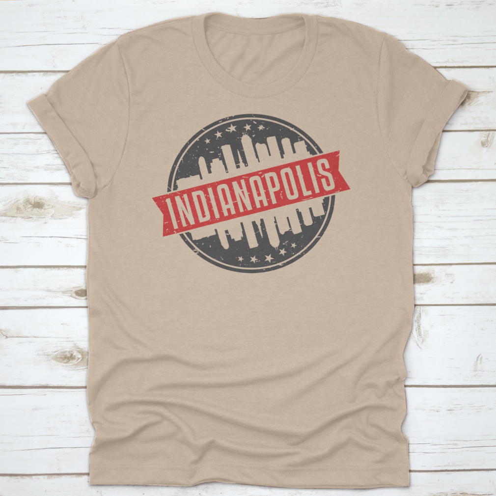 Indianapolis Indiana Round Travel Stamp shirt featuring an iconic skyline design, made from 100% cotton for comfort.