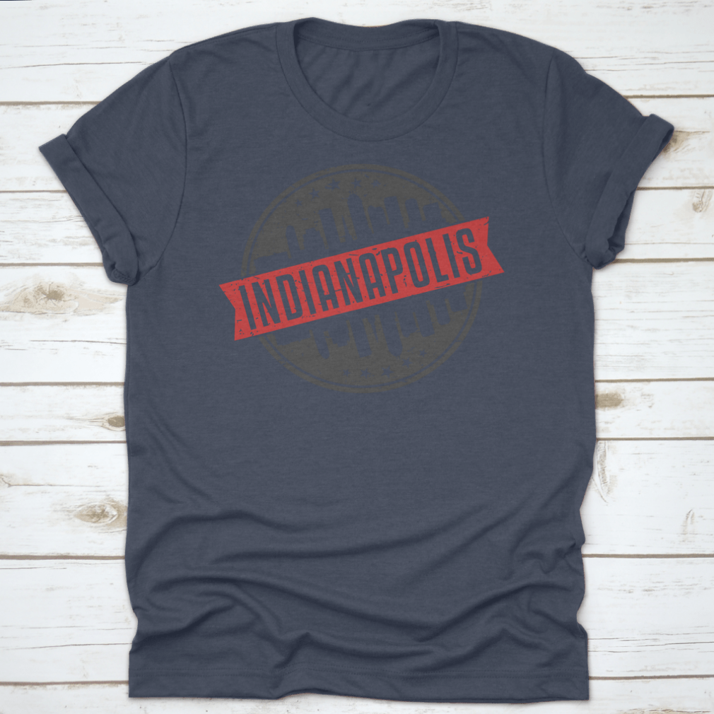 Indianapolis Indiana Round Travel Stamp shirt featuring an iconic skyline design, made from 100% cotton for comfort.