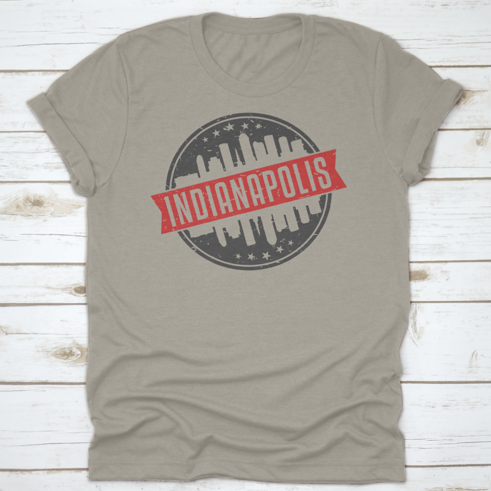 Indianapolis Indiana Round Travel Stamp shirt featuring an iconic skyline design, made from 100% cotton for comfort.